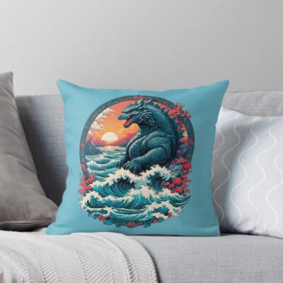 Godzilla Water Monster Gojira Retro Throw Pillow